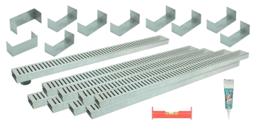 Entwässerungsrinnen Edelstahl superflach Rost Schlitzdesign SET Typ 9, System 35/80